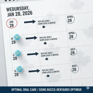 A 2026 calendar with maple leaf watermarks highlighting the 3-month replacement cycle for electric toothbrush heads.
