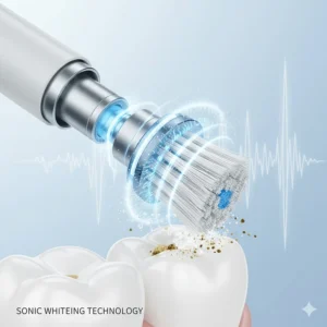 Illustration of sonic vibration technology in an electric toothbrush designed to remove surface stains for a whiter smile.