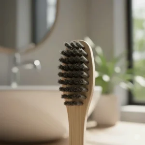 Close-up illustration of soft, activated charcoal-infused bristles designed for gentle teeth whitening and plaque removal.