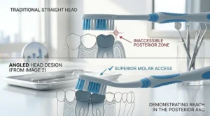 Diagram showing how an angled head toothbrush easily cleans the posterior teeth and wisdom tooth area compared to a straight brush.