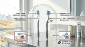 A side-by-side comparison illustrating why an angled head toothbrush provides better leverage and coverage than a traditional straight brush.