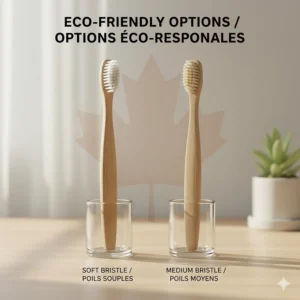 Eco-friendly bamboo toothbrushes in soft vs medium bristle varieties, popular among sustainability-conscious Canadian consumers.