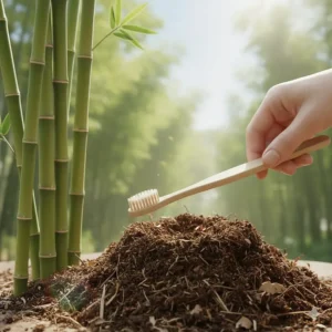 Illustration of raw bamboo stalks and a compostable eco-friendly toothbrush to show sustainable sourcing.