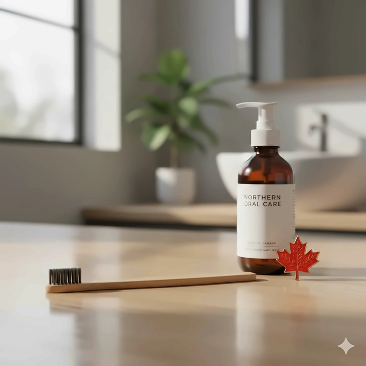 A sustainable bamboo toothbrush on a modern bathroom vanity in a Canadian home, eco-friendly oral care / brosse à dents en bambou Canada.