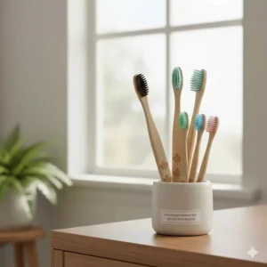 A family pack of multi-colored bamboo toothbrushes for an eco-friendly Canadian household.