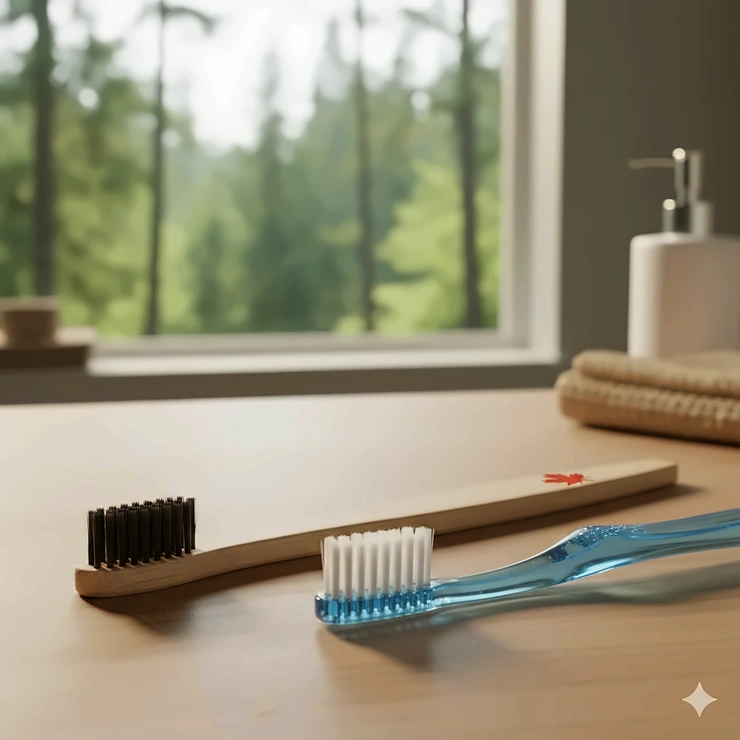 A side-by-side comparison of an eco-friendly bamboo toothbrush and a blue plastic toothbrush on a natural wood surface in a Canadian home. bamboo toothbrush vs plastic