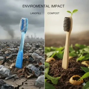 Illustration showing a plastic toothbrush in a landfill versus a compostable bamboo toothbrush returning to the earth.