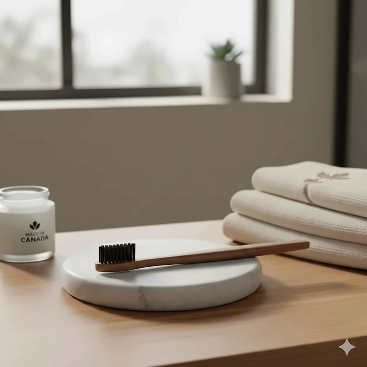 A premium eco-friendly charcoal toothbrush displayed in a modern Canadian bathroom setting, highlighting natural teeth whitening benefits. charcoal toothbrush Canada