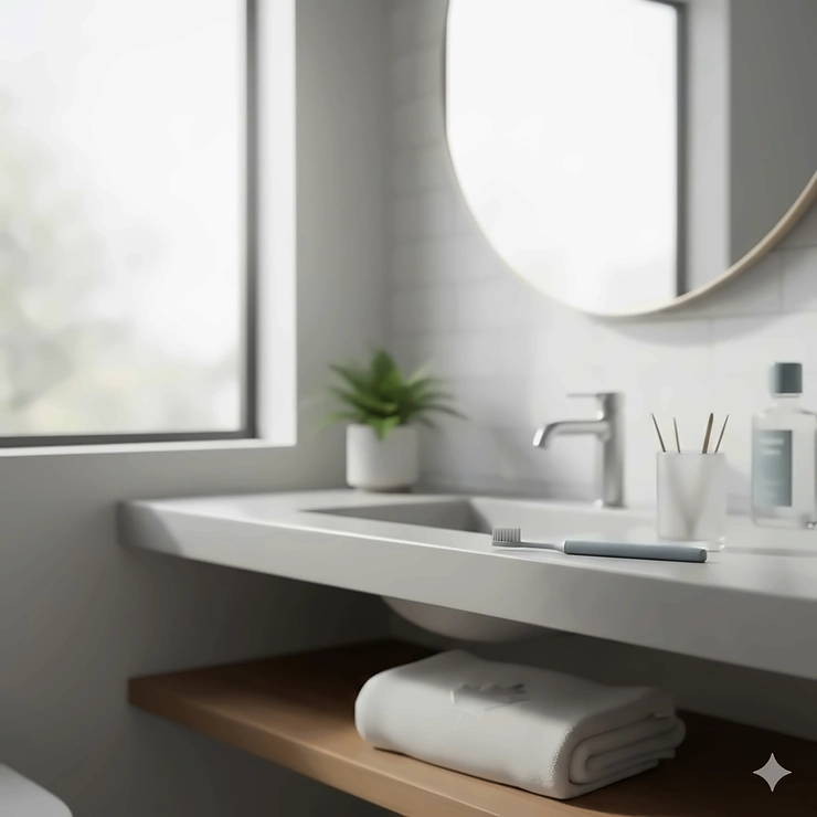 A soft-bristled manual toothbrush on a modern bathroom vanity in a Canadian home, highlighting the best toothbrush for gum disease prevention.