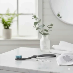 A premium manual toothbrush with built-in tongue cleaner on a white marble vanity, highlighting oral hygiene essentials for Canadian households.