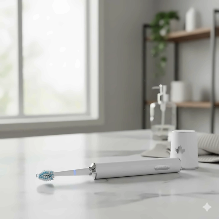 Premium electric whitening toothbrush on a marble bathroom vanity in a modern Canadian home setting.