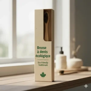 Illustration of eco-friendly toothbrush packaging with bilingual English and French "Brosse à dents écologique" labeling.