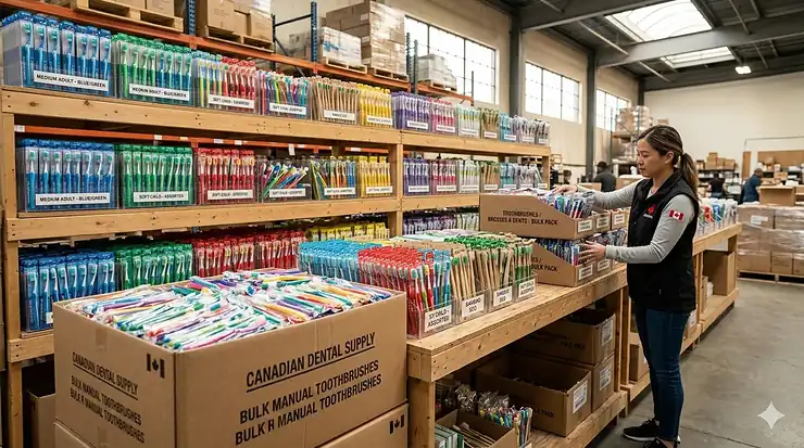 A large assortment of multi-coloured bulk manual toothbrushes arranged neatly for Canadian dental clinics and non-profits.