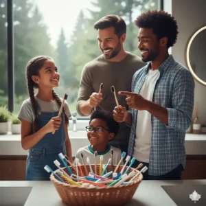 A diverse Canadian family standing in a bright bathroom, switching from plastic to bamboo toothbrushes to reduce household waste.