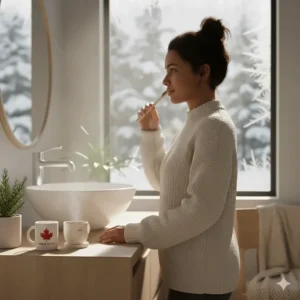 A cozy indoor morning routine in Canada featuring a charcoal toothbrush, emphasizing oral health during the dry winter months.