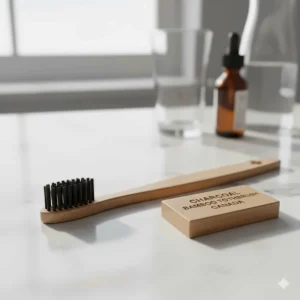 Activated charcoal infused bamboo toothbrush for natural teeth whitening, available in Canada.