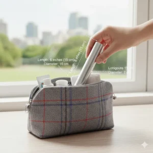 Illustration showing the slim dimensions of a travel toothbrush with case fitting easily into a small toiletry bag.