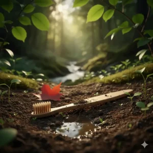 Fully compostable bamboo toothbrush returning to the earth, supporting Canada's zero-waste lifestyle goals.