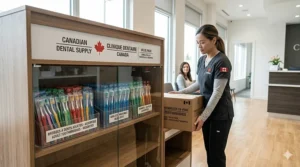 A professional display of bulk manual toothbrushes in a modern Canadian dental office waiting room.