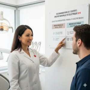 A Canadian dental professional pointing to a chart comparing manual vs electric toothbrush benefits for gum health.