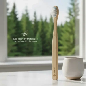 Eco-friendly bamboo whitening toothbrush with sustainable materials and minimal Canadian branding.