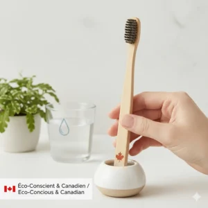 A sustainable bamboo manual toothbrush featuring a maple leaf logo, highlighting eco-conscious oral care choices for Canadians.