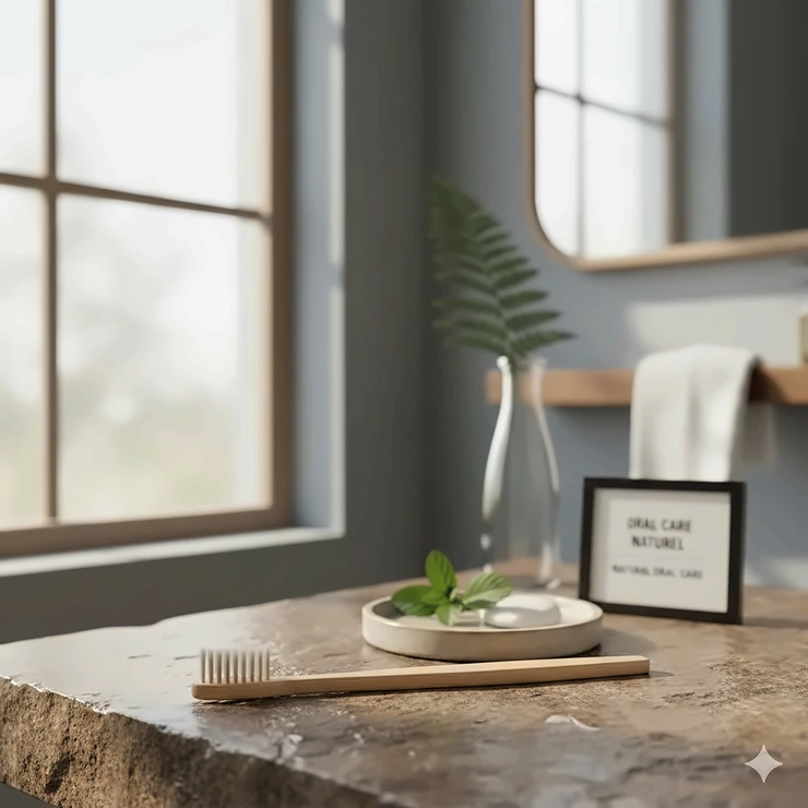A sustainable bamboo toothbrush resting on a stone vanity in a modern Canadian bathroom, highlighting eco-friendly oral care.