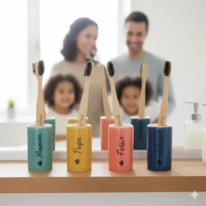 A colorful illustration of a family set of bamboo toothbrushes, labeled for a multi-person household in Canada.