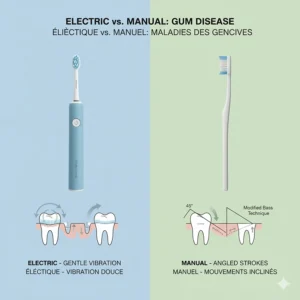 Graphic comparing electric and manual toothbrushing techniques for managing gum disease in accordance with Canadian dental standards.