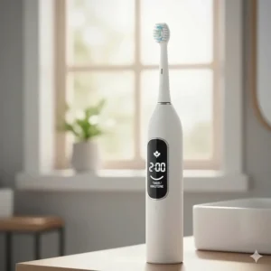 Illustration of a smart electric toothbrush timer showing 2:00 minutes for effective plaque removal, labeled in English and French.