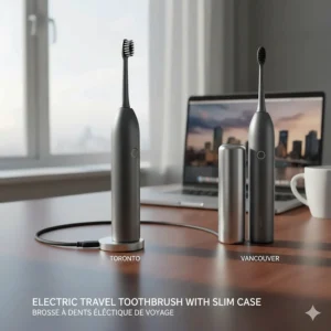 Modern electric travel toothbrush with case and USB charging cable for business travelers in Vancouver or Toronto.
