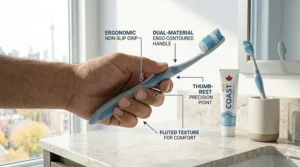 Illustration of a non-slip ergonomic handle being held comfortably, showing how it aids the angled head in precision brushing.