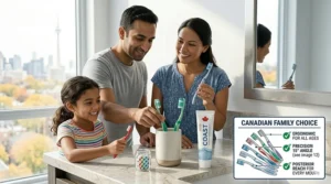 Diverse Canadian family members of various ages choosing colorful angled head toothbrushes for their morning routine.