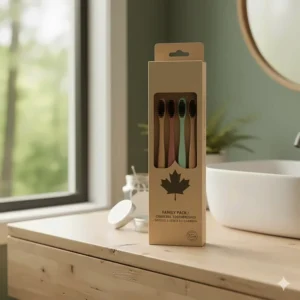 A colorful set of four charcoal toothbrushes, providing a sustainable oral care solution for Canadian families.