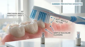Close-up illustration of soft bristles on an angled head toothbrush cleaning along the gum line to prevent gingivitis.