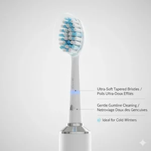 Gentle whitening toothbrush head with ultra-soft bristles ideal for sensitive teeth during Canadian winters.
