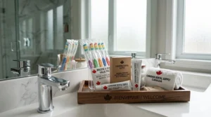 Individually wrapped bulk manual toothbrushes styled as premium amenities for a Canadian boutique hotel.