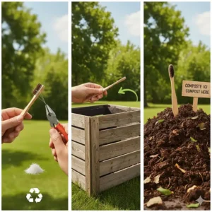 An infographic-style illustration showing how to remove bristles and compost a wooden toothbrush handle in Canada.