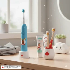 Fun, colorful illustration of children's manual and electric toothbrushes, encouraging early oral health habits for Canadian families.