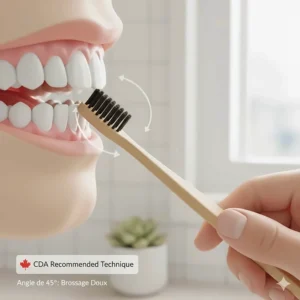 Illustration showing the proper 45-degree angle technique for a manual toothbrush, meeting Canadian dental hygiene standards.