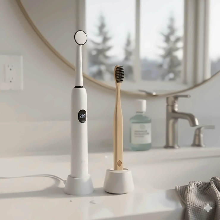 A side-by-side comparison of a manual vs electric toothbrush on a modern bathroom vanity in a Canadian home. manual toothbrush buying guide