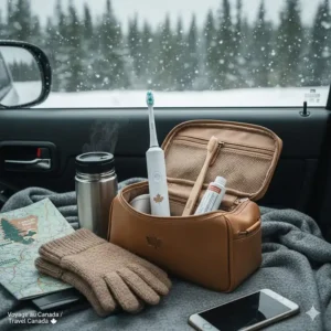 Comparison of a compact manual toothbrush and a battery-powered electric toothbrush packed for a Canadian winter road trip.