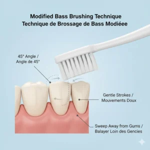 Diagram showing the 45-degree angle brushing method, essential when using a toothbrush for gum disease treatment.