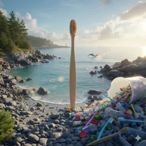 Illustration of a clean Canadian coastline contrasting against plastic waste, promoting eco-friendly toothbrush alternatives.