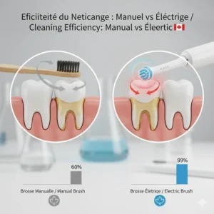 A scientific diagram showing the difference in plaque removal between manual vs electric toothbrush bristles on molar surfaces.