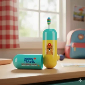 Illustration of a rugged travel toothbrush with case clipped to a hiking backpack with the Canadian Rockies in the background.