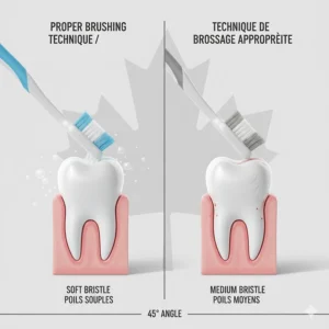Illustration of the 45-degree angle brushing technique, demonstrating how soft vs medium bristles interact with the gum line.