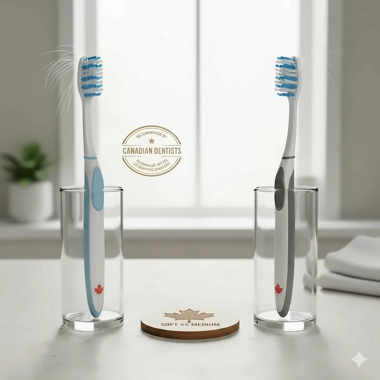 A side-by-side comparison of a soft vs medium bristle toothbrush on a bathroom counter, highlighting the difference in filament density for Canadian dental patients.