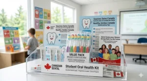 An illustration of a Canadian classroom oral health kit featuring bulk manual toothbrushes and educational flyers.