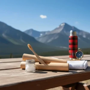 Illustration of a travel-ready eco-friendly toothbrush in a wooden case, ideal for hiking or camping in the Rockies.